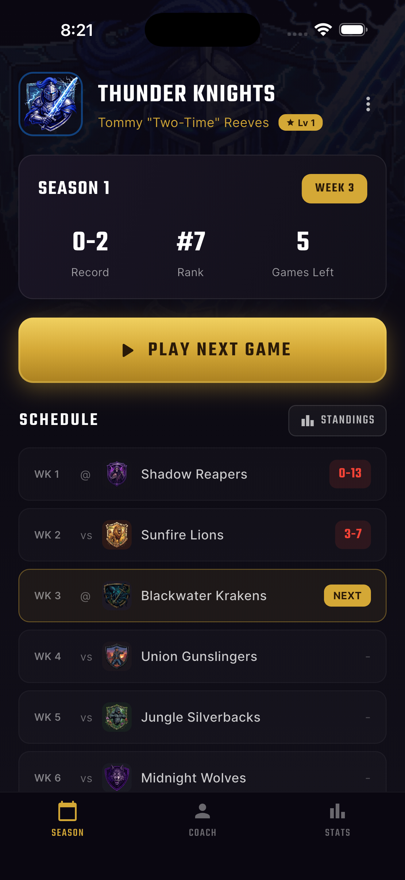 Team selection screen